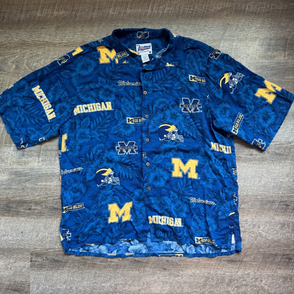 Reyn Spooner Vintage Michigan Wolverines Hawaiian Shirt XL Blue Floral NCAA
